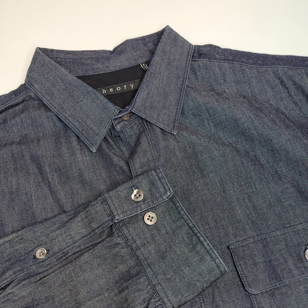 Theory Barham C Turini Shirt Mens L Blue Excellent Cotton Stretch Flap Pockets